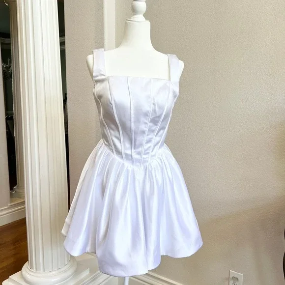 White Satin Corset Fit and Flare Mini Dress Bachelorette Party Bridal Graduation - Picture 3 of 13